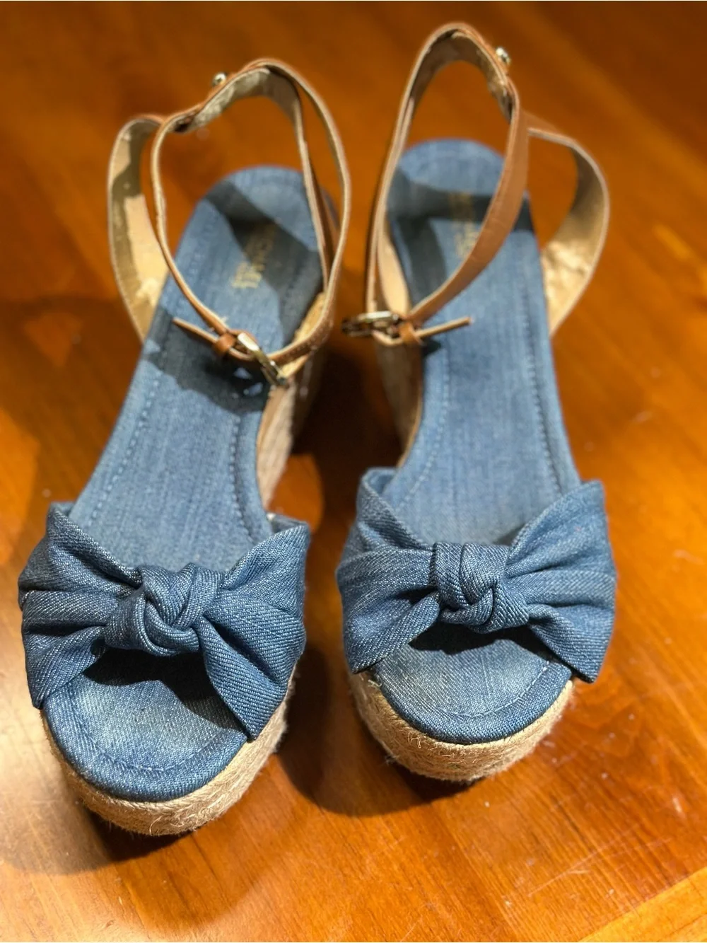 Michael Kors Denim Knot Espadrille Wedge Sandals with Tan Ankle Strap